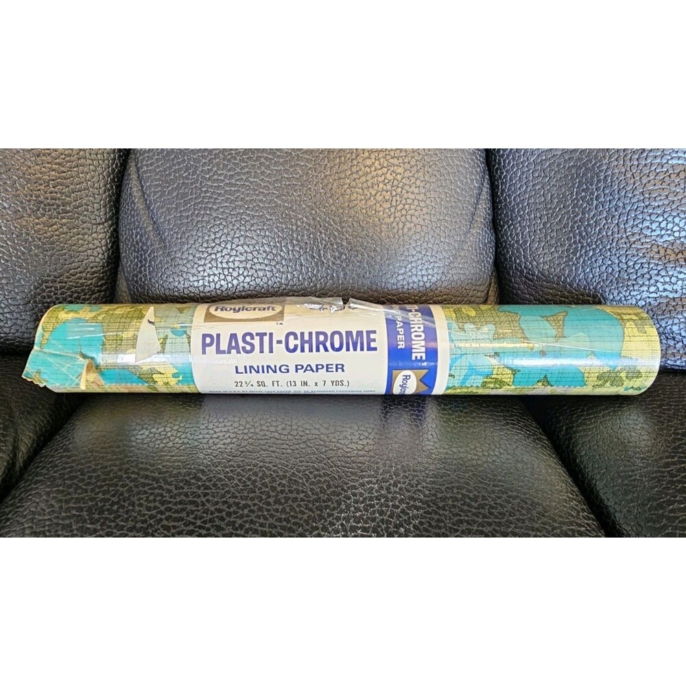 Royalcraft Plasti Chrome Shelf Lining Paper Groovy Flower Power Blue Green 70s